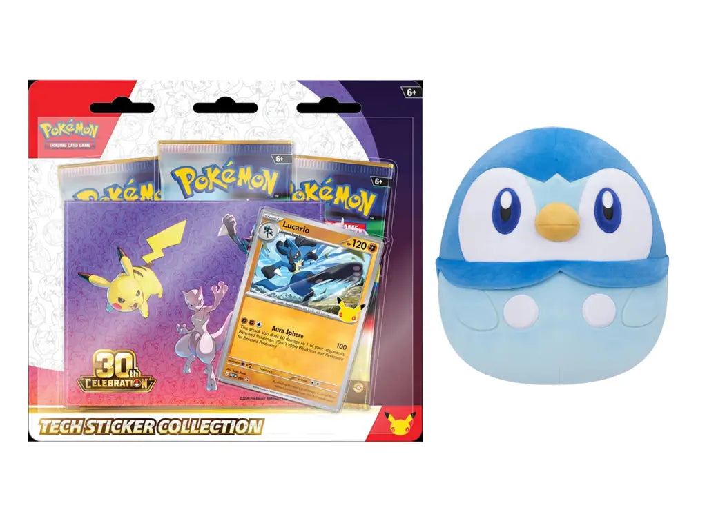 Pokémon 30th Celebration Lucario Tech Sticker Collection with Piplup Squishmallows plush bundle